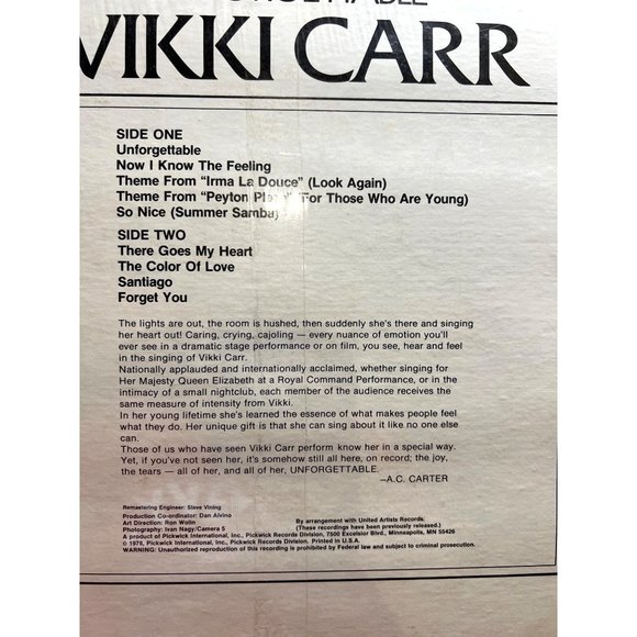 VIKKI CARR Unforgettable (1970) Stereo SUNSET LP Vinyl - Picture 9 of 9